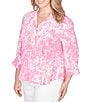 Ruby Rd. Plus Size Silky Slub Woven Brushstroke Floral Collared V-Neck 3/4 Sleeve Top, Color:Hydrangea Multi - Image 4