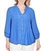 Ruby Rd. Plus Size Silky Slub Woven Split V-Neck 3/4 Sleeve Button Front Top - Image 5