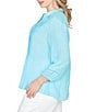 Ruby Rd. Plus Size Silky Slub Woven Split V-Neck 3/4 Sleeve Button Front Top, Color:Aruba Blue - Image 3