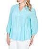Ruby Rd. Plus Size Silky Slub Woven Split V-Neck 3/4 Sleeve Button Front Top, Color:Aruba Blue - Image 4