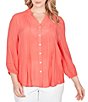 Ruby Rd. Plus Size Silky Slub Woven Split V-Neck 3/4 Sleeve Button Front Top - Image 1