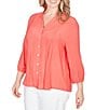 Ruby Rd. Plus Size Silky Slub Woven Split V-Neck 3/4 Sleeve Button Front Top - Image 4