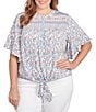 Ruby Rd. Plus Size Silky Voile Printed Round Neck Short Flutter Sleeve Tie-Front Top, Color:Blue Sky Multi - Image 1