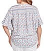 Ruby Rd. Plus Size Silky Voile Printed Round Neck Short Flutter Sleeve Tie-Front Top, Color:Blue Sky Multi - Image 2