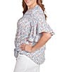 Ruby Rd. Plus Size Silky Voile Printed Round Neck Short Flutter Sleeve Tie-Front Top, Color:Blue Sky Multi - Image 3