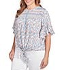 Ruby Rd. Plus Size Silky Voile Printed Round Neck Short Flutter Sleeve Tie-Front Top, Color:Blue Sky Multi - Image 4