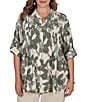 Ruby Rd. Plus Size Silky Voile Shadow Floral Split V-Neck 3/4 Sleeve Pleated Button Front Shirt - Image 1