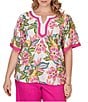 Ruby Rd. Plus Size Silky Voile Tropical Floral Split V-Neck Elbow Sleeve Blouse - Image 1