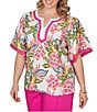 Ruby Rd. Plus Size Silky Voile Tropical Floral Split V-Neck Elbow Sleeve Blouse - Image 4