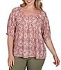 Ruby Rd. Plus Size Slub Jersey Geometric Scoop Neck Short Sleeve Lace Inset Top - Image 1