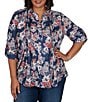 Ruby Rd. Plus Size Slub Jersey Kensington Inspired Floral Split V-Neck Elbow Roll-Tab Sleeve Button-Front Shirt - Image 1
