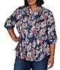 Ruby Rd. Plus Size Slub Jersey Kensington Inspired Floral Split V-Neck Elbow Roll-Tab Sleeve Button-Front Shirt - Image 3