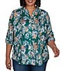 Ruby Rd. Plus Size Slub Jersey Kensington Inspired Floral Split V-Neck Elbow Roll-Tab Sleeve Button-Front Shirt - Image 1