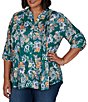 Ruby Rd. Plus Size Slub Jersey Kensington Inspired Floral Split V-Neck Elbow Roll-Tab Sleeve Button-Front Shirt - Image 3