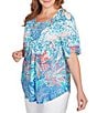Ruby Rd. Plus Size Slub Jersey Knit Paisley Border Print Scoop Neck Short Sleeve Tee, Color:Turquoise Multi - Image 4