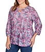 Ruby Rd. Plus Size Slub Jersey Knit Paisley Keyhole Neck 3/4 Ruched Sleeve Top, Color:Deep Blue Multi - Image 1