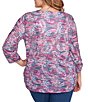 Ruby Rd. Plus Size Slub Jersey Knit Paisley Keyhole Neck 3/4 Ruched Sleeve Top, Color:Deep Blue Multi - Image 2