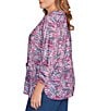 Ruby Rd. Plus Size Slub Jersey Knit Paisley Keyhole Neck 3/4 Ruched Sleeve Top, Color:Deep Blue Multi - Image 3