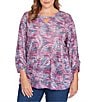 Ruby Rd. Plus Size Slub Jersey Knit Paisley Keyhole Neck 3/4 Ruched Sleeve Top, Color:Deep Blue Multi - Image 4