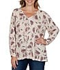 Ruby Rd. Plus Size Slub Knit Botanical Faded Floral V-Neck Long Sleeve Top - Image 1