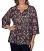 Ruby Rd. Plus Size Slub Knit Patchwork Split V-Neck 3/4 Sleeve Top - Image 1