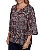 Ruby Rd. Plus Size Slub Knit Patchwork Split V-Neck 3/4 Sleeve Top - Image 3