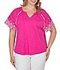 Ruby Rd. Plus Size Slub Knit Split V-Neck Short Embroidered Sleeve Top - Image 5