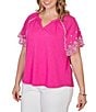 Ruby Rd. Plus Size Slub Knit Split V-Neck Short Embroidered Sleeve Top - Image 4