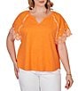 Ruby Rd. Plus Size Slub Knit Split V-Neck Short Embroidered Sleeve Top - Image 1