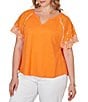 Ruby Rd. Plus Size Slub Knit Split V-Neck Short Embroidered Sleeve Top - Image 4