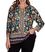 Ruby Rd. Plus Size Slub Knit Vibrant Paradise-Inspired Split V-Neck Cuffed 3/4 Sleeve Top - Image 1