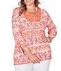 Ruby Rd. Plus Size Slub Knit Woodblock V-Neck 3/4 Roll-Tab Sleeve Top - Image 1