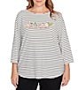 Ruby Rd. Plus Size Soft Cotton Blend Stripe #double;Pups Season Vibes#double; 3/4 Sleeve Top, Color:Black Multi - Image 1