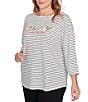 Ruby Rd. Plus Size Soft Cotton Blend Stripe #double;Pups Season Vibes#double; 3/4 Sleeve Top, Color:Black Multi - Image 4