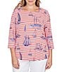 Ruby Rd. Plus Size Soft Cotton Jersey Allover Sailboat Embroidered Accents Stripe Print Square Neck 3/4 Sleeve Top, Color:Deep Coral Multi - Image 1