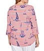 Ruby Rd. Plus Size Soft Cotton Jersey Allover Sailboat Embroidered Accents Stripe Print Square Neck 3/4 Sleeve Top, Color:Deep Coral Multi - Image 2