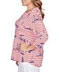 Ruby Rd. Plus Size Soft Cotton Jersey Allover Sailboat Embroidered Accents Stripe Print Square Neck 3/4 Sleeve Top, Color:Deep Coral Multi - Image 3