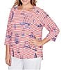 Ruby Rd. Plus Size Soft Cotton Jersey Allover Sailboat Embroidered Accents Stripe Print Square Neck 3/4 Sleeve Top, Color:Deep Coral Multi - Image 4