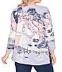 Ruby Rd. Plus Size Soft Cotton Jersey Novelty Horseshoe Neck 3/4 Sleeve Excursion Top, Color:Lilac Multi - Image 2