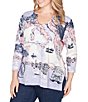 Ruby Rd. Plus Size Soft Cotton Jersey Novelty Horseshoe Neck 3/4 Sleeve Excursion Top, Color:Lilac Multi - Image 4