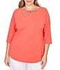Ruby Rd. Plus Size Soft Cotton Knit Grommet Boat Neck 3/4 Sleeve Top - Image 1