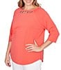 Ruby Rd. Plus Size Soft Cotton Knit Grommet Boat Neck 3/4 Sleeve Top - Image 4