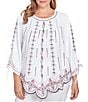 Ruby Rd. Plus Size Soft Crepe Gauze Embroidered Scoop Neck 3/4 Tie Sleeve Top, Color:White Multi - Image 1