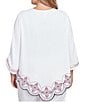 Ruby Rd. Plus Size Soft Crepe Gauze Embroidered Scoop Neck 3/4 Tie Sleeve Top, Color:White Multi - Image 2