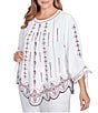Ruby Rd. Plus Size Soft Crepe Gauze Embroidered Scoop Neck 3/4 Tie Sleeve Top, Color:White Multi - Image 4