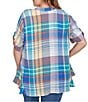 Ruby Rd. Plus Size Soft Crinkle Plaid Y-Neck Short Button-Tab Sleeve Button Front Shirt, Color:Turquoise/Multi - Image 2
