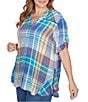 Ruby Rd. Plus Size Soft Crinkle Plaid Y-Neck Short Button-Tab Sleeve Button Front Shirt, Color:Turquoise/Multi - Image 4
