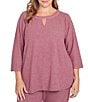 Ruby Rd. Plus Size Soft Hatchi Knit Keyhole Neck 3/4 Sleeve Top, Color:Raisin - Image 1