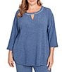 Ruby Rd. Plus Size Soft Hatchi Knit Keyhole Neck 3/4 Sleeve Top, Color:Indigo - Image 1