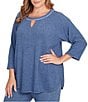 Ruby Rd. Plus Size Soft Hatchi Knit Keyhole Neck 3/4 Sleeve Top, Color:Indigo - Image 4